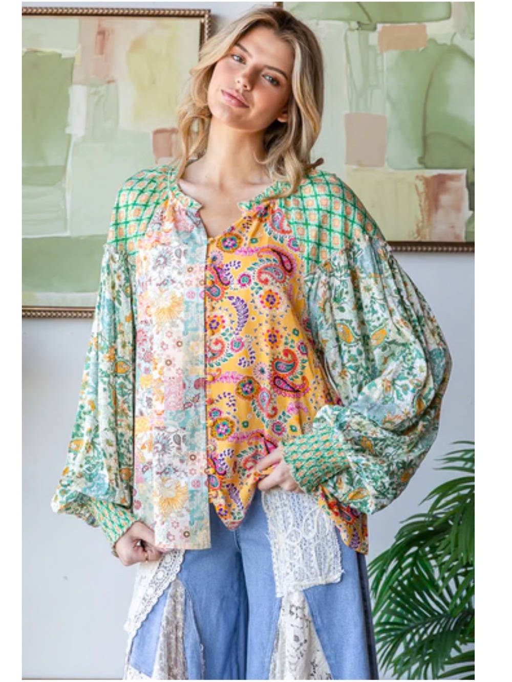New: Oli & Hali Mixed Patchwork Button Front Long Balloon Sleeve Boho Blouse• XL